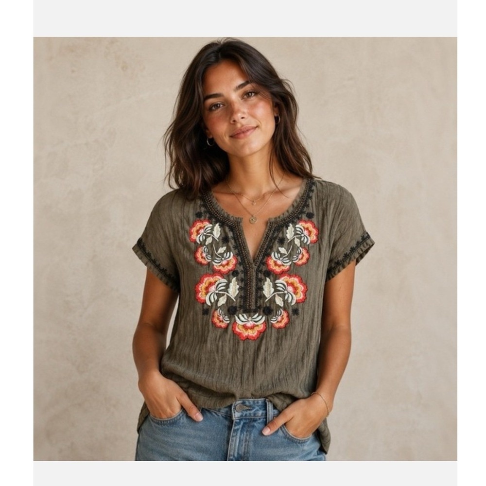 Akemi + Kin Anthropologie Olive Green Embroidered Beaded Boho Cotton Top XS